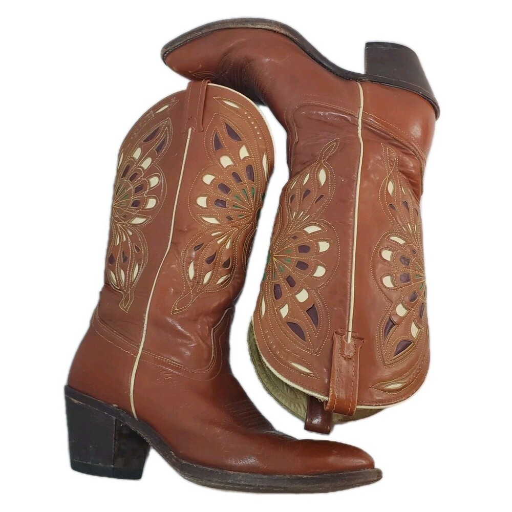Vintage 1950s Butterfly Inlay Brown Red Mens 9/W10.5 Cowboy Western Boots Rare